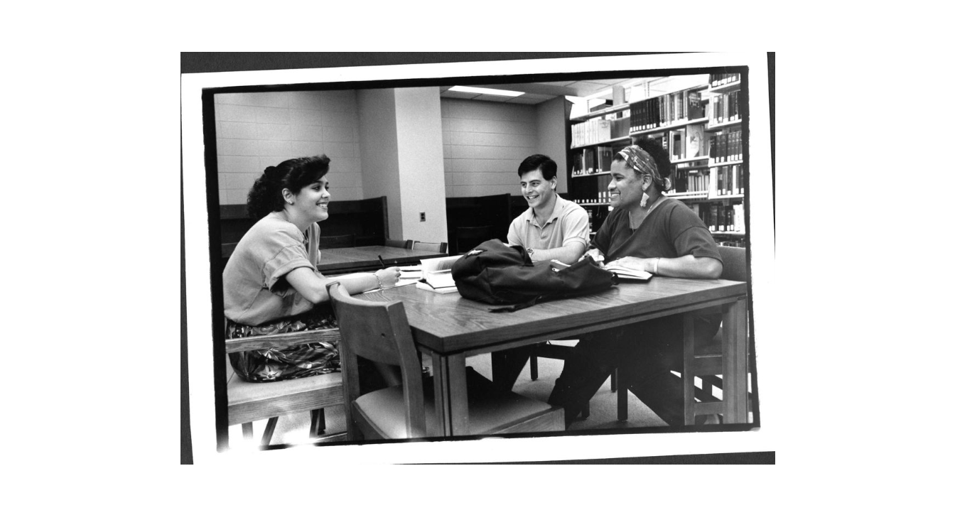 Archival photo of students studying